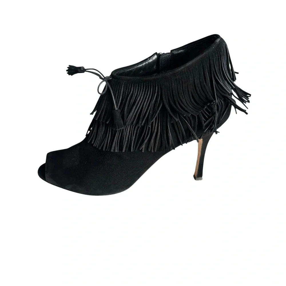 Manolo Blahnik Open Toe Heels Booties Black Suede Fringe